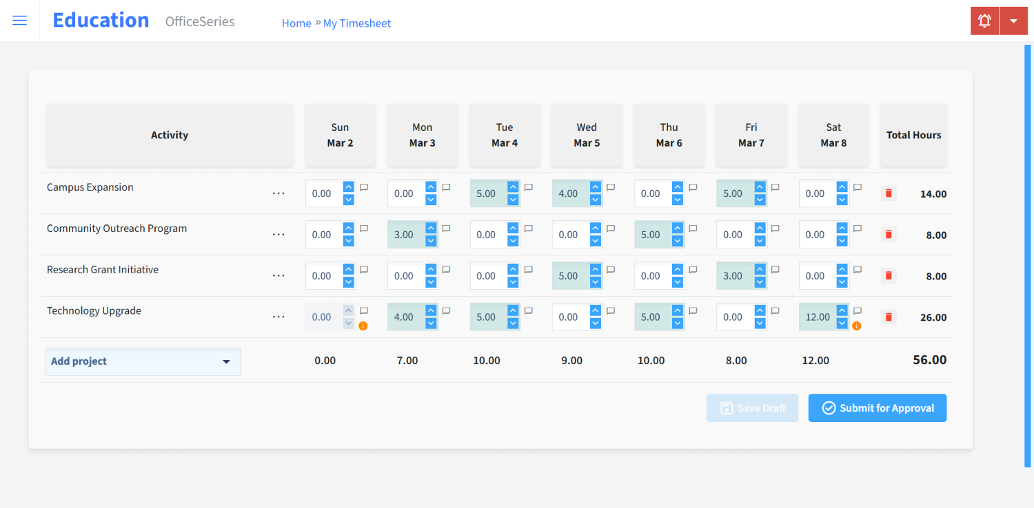 Education Timesheet Time Entry