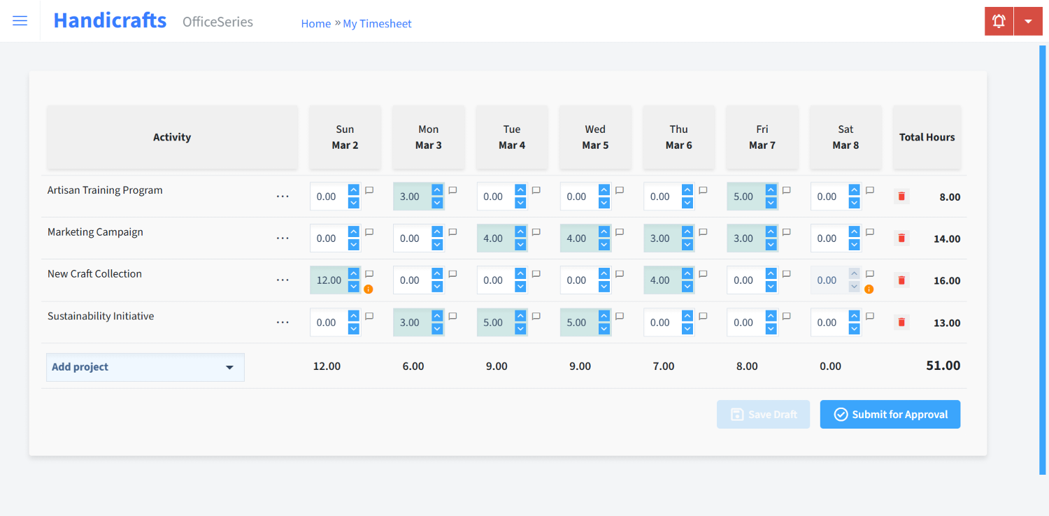 Handicrafts Timesheet Time Entry