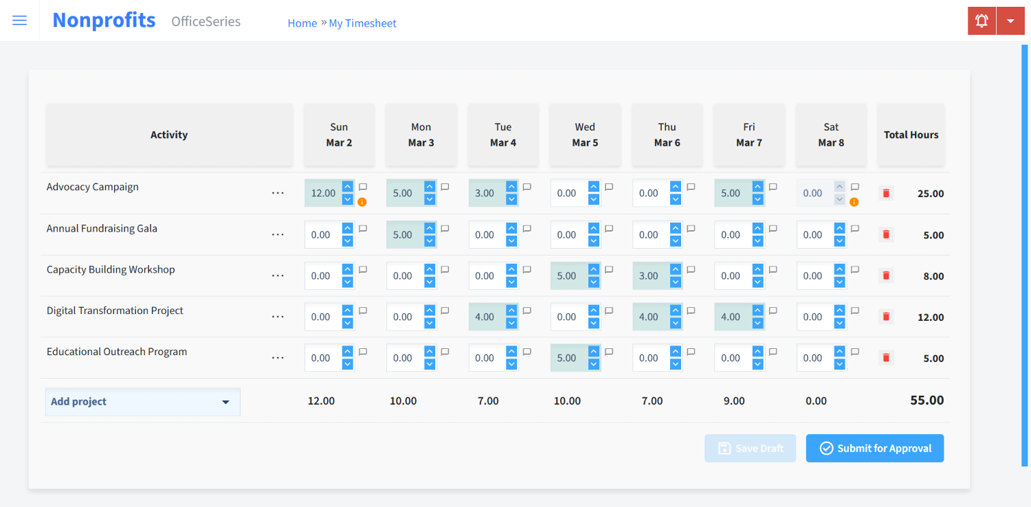 Nonprofits Timesheet Time Entry