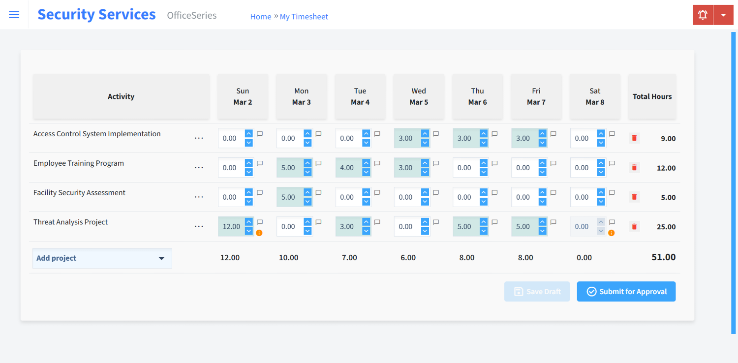 Security Services Timesheet Time Entry