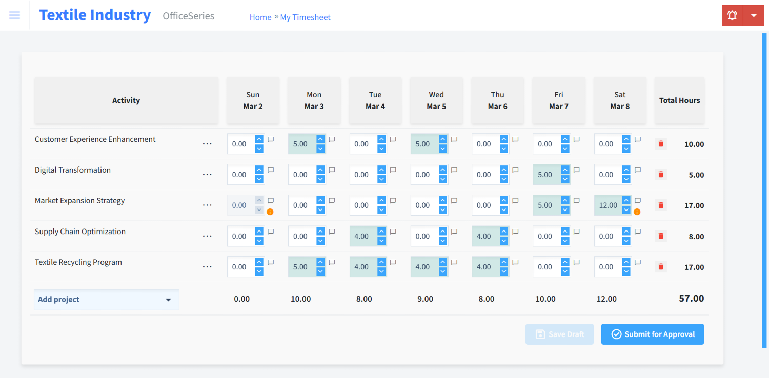 Textile Industry Timesheet Time Entry