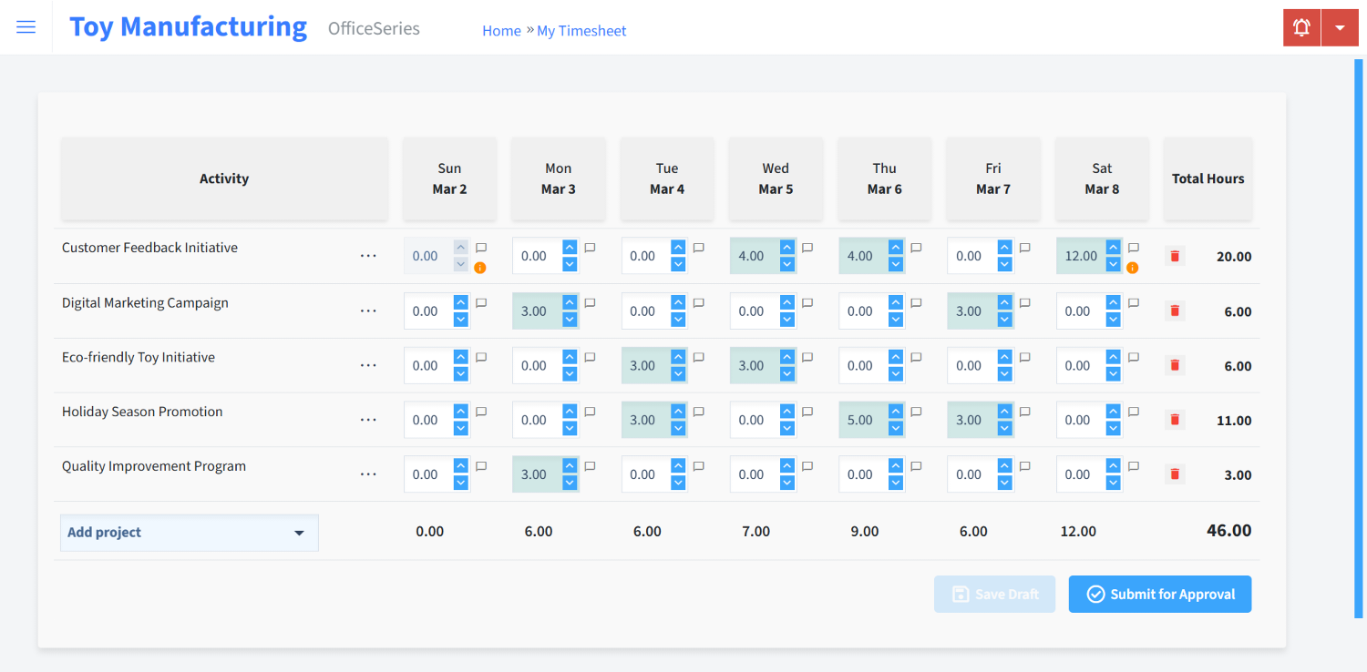 Toy Manufacturing Timesheet Time Entry