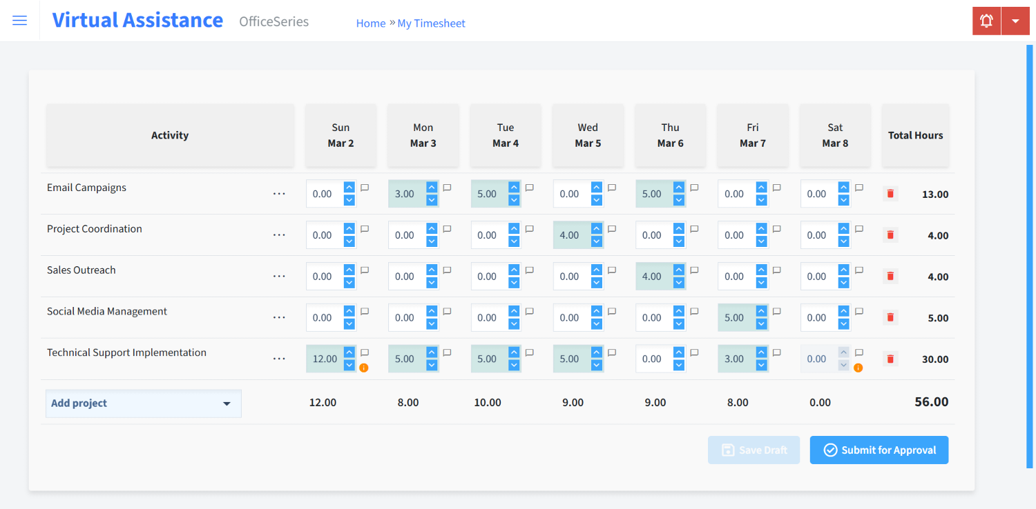 Virtual Assistance Timesheet Time Entry